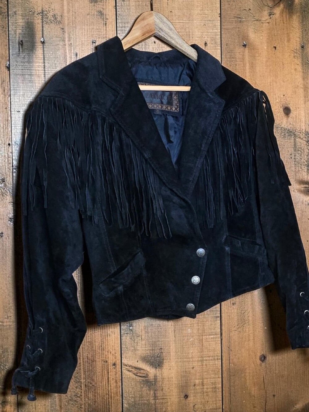 90s Vintage Black Suede Fringe Leather Jacket Western Corset Lace Medium Boho - Picture 3 of 14